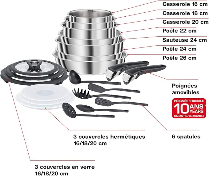 Batterie de cuisine Seb Compact Inox 20 pièces