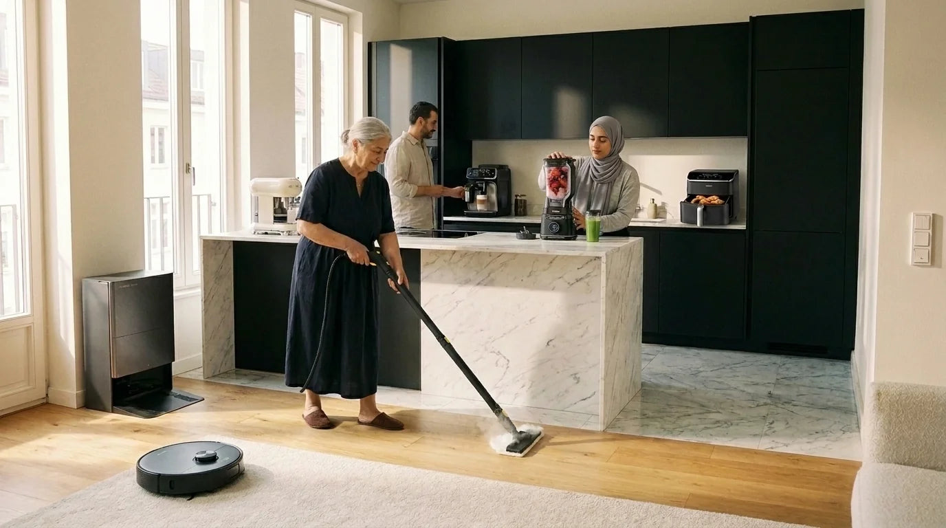 Une famille dans un salon-cuisine lumineux : une femme boit un thé pendant que le robot laveur Dreame et sa station, les machines à café Smeg et Philips, le blender Ninja, l’air fryer Cosori et le nettoyeur vapeur Karcher travaillent