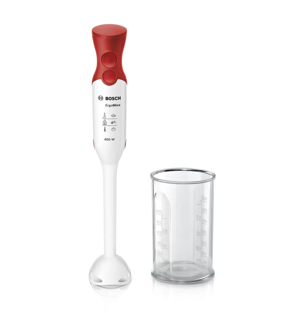 BRAS MIXEUR BOSCH 450W AVEC BOL PIED PLASTIQUE BLANC ROUGE MSM64010