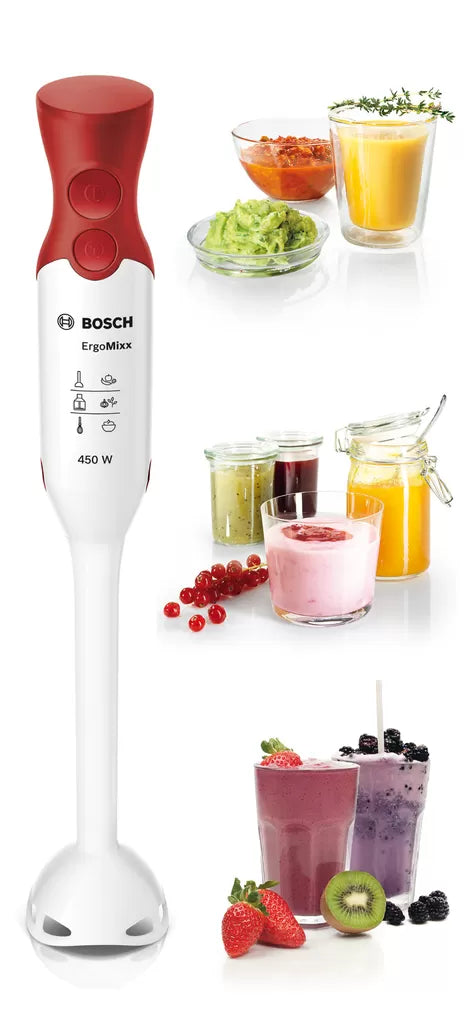 BRAS MIXEUR BOSCH 450W AVEC BOL PIED PLASTIQUE BLANC ROUGE MSM64010